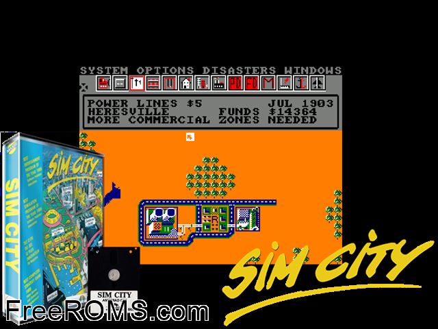 Sim City (UK) (1989) [h1] Amstrad CPC game showing 3D box cover and gameplay screenshot